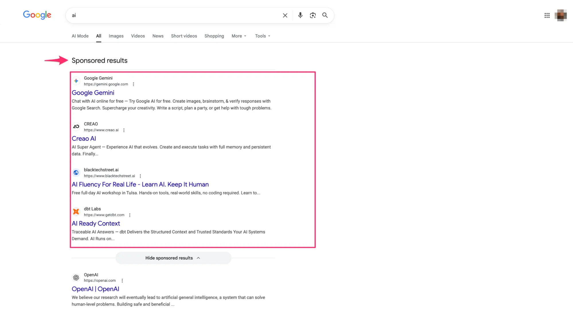 Отображение объявления в верхней части результатов поиска Google