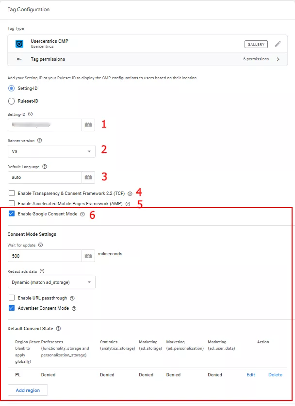 Настройка тега Usercentrics CMP