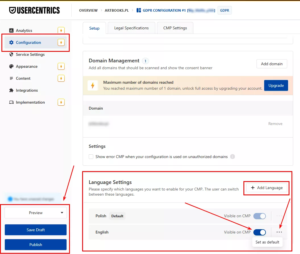 Настройка тега Usercentrics CMP