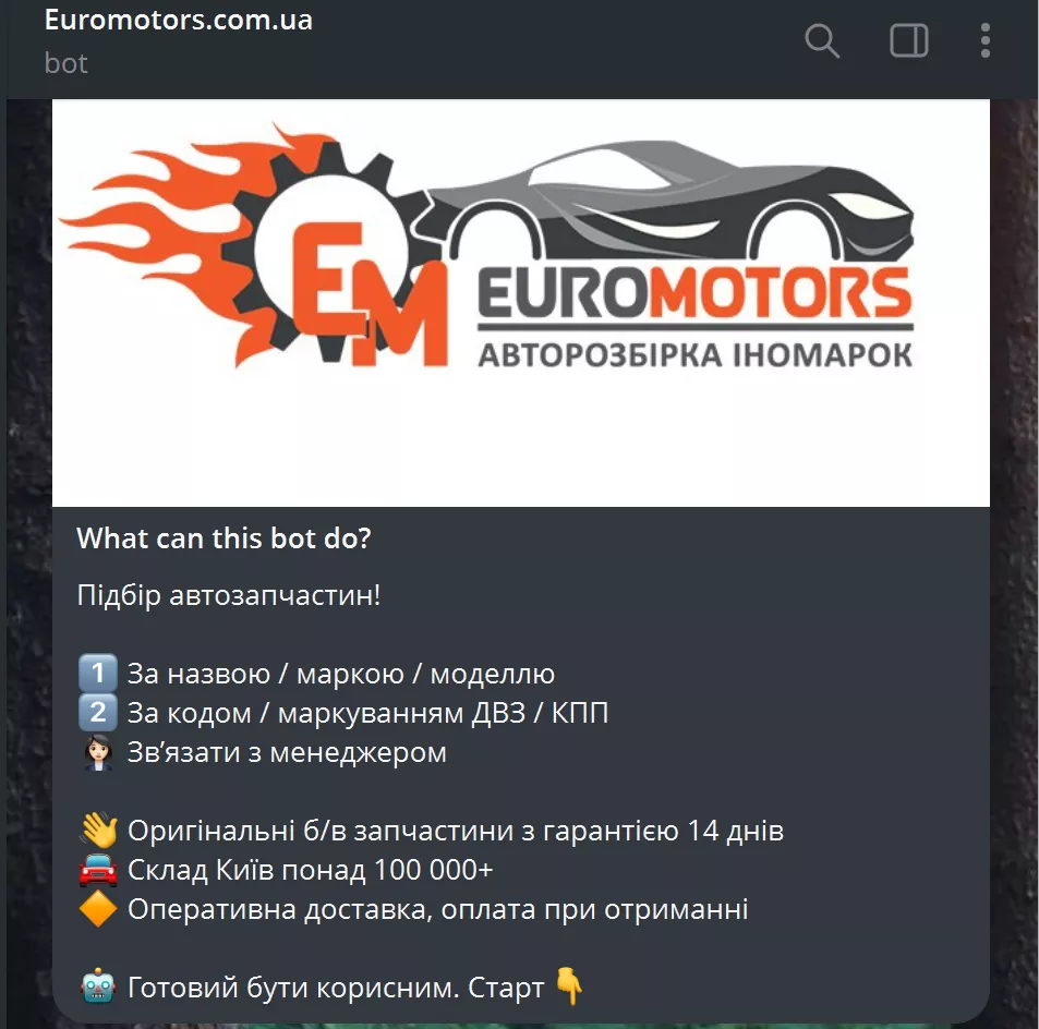 На етапі авторизації чат-бот пояснює, що він вміє