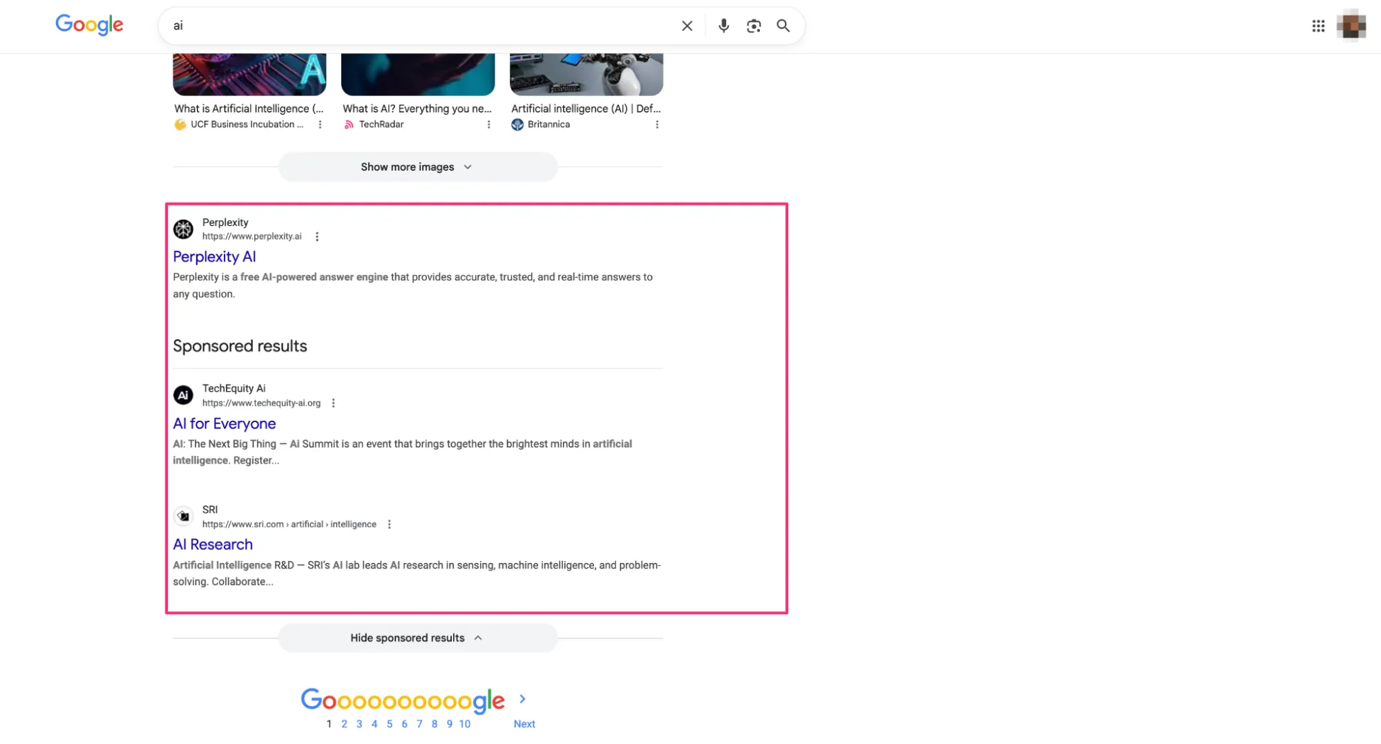 Отображение объявления под органическими результатами поиска