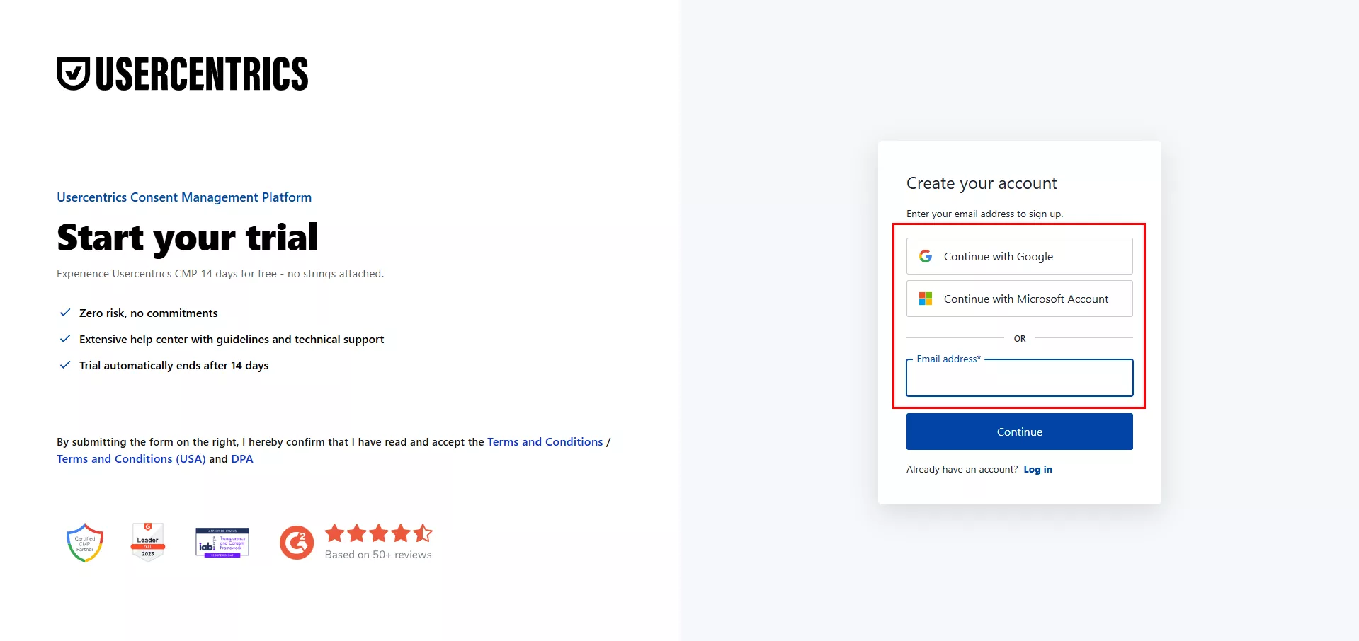 Регистрация на платформе Usercentrics