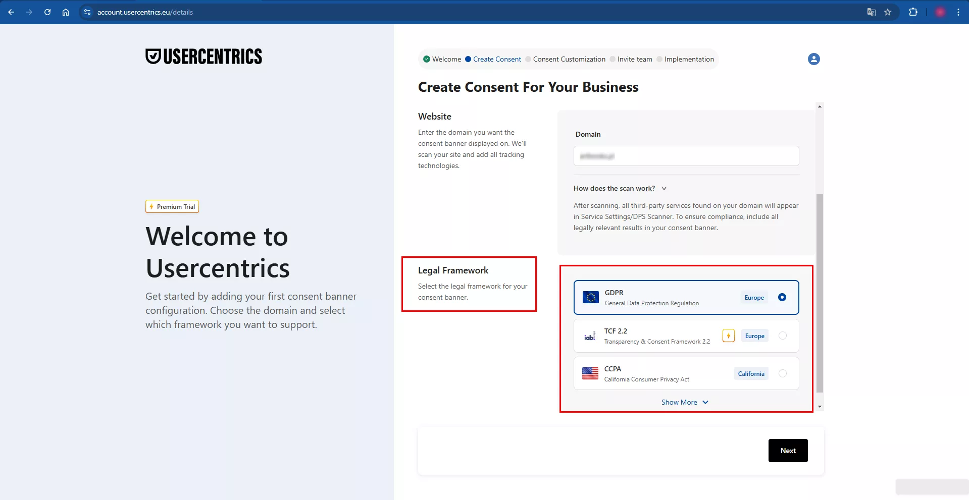 Регистрация на платформе Usercentrics