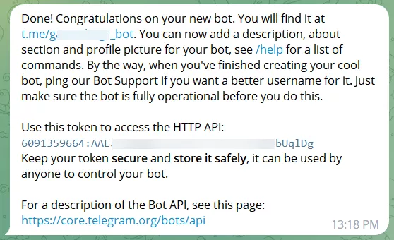 Повідомлення BotFather про створення бота