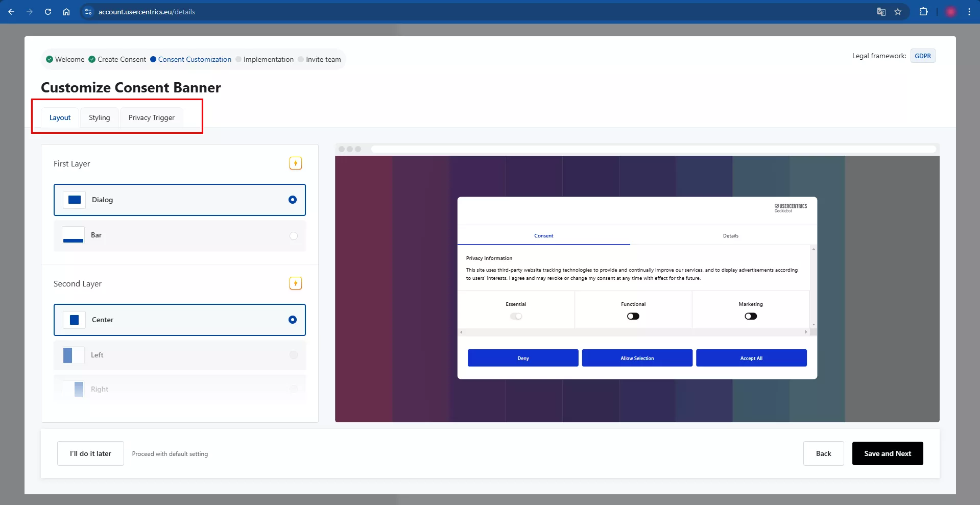 Регистрация на платформе Usercentrics