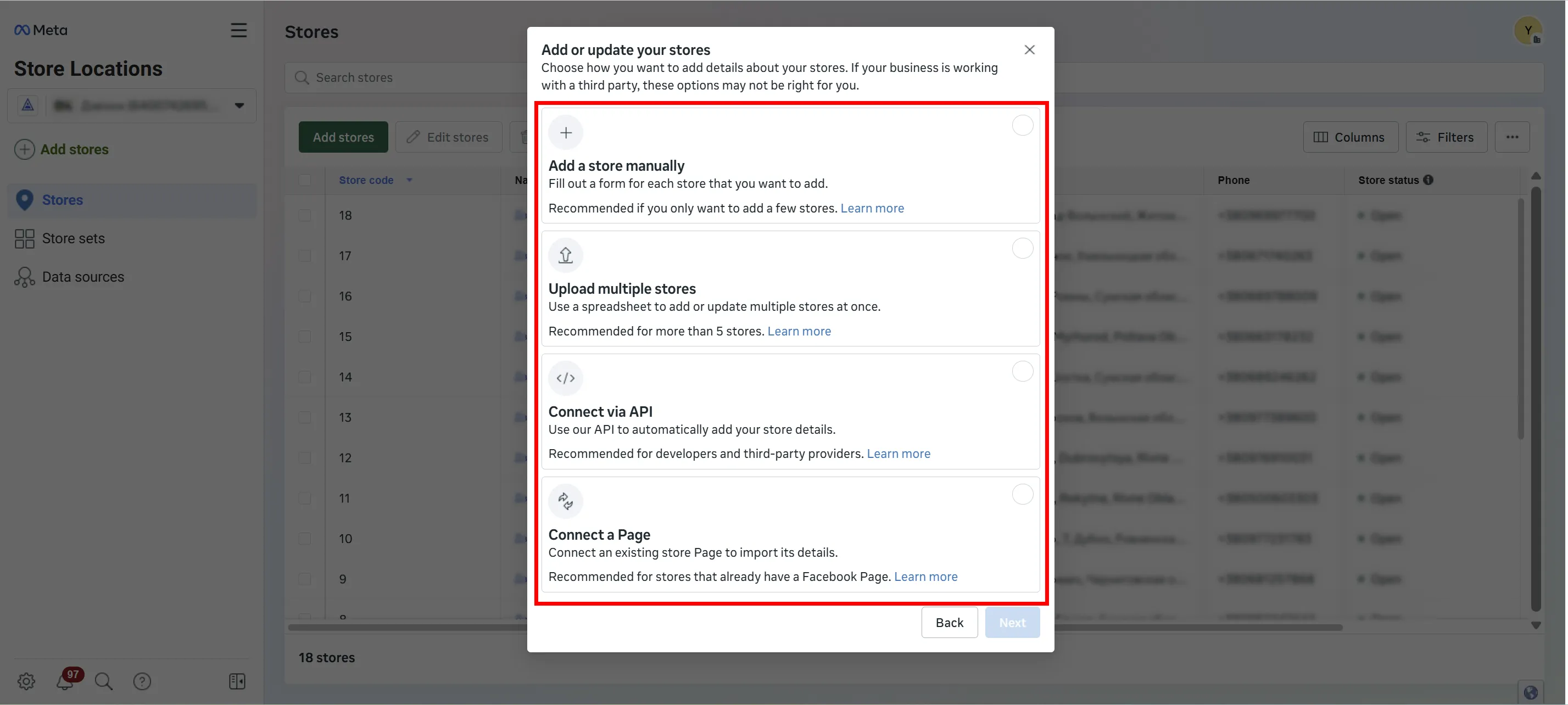 Connect a Page (Подключить страницу) — подойдет, если у каждой физической точки уже есть отдельная страница в Facebook.
