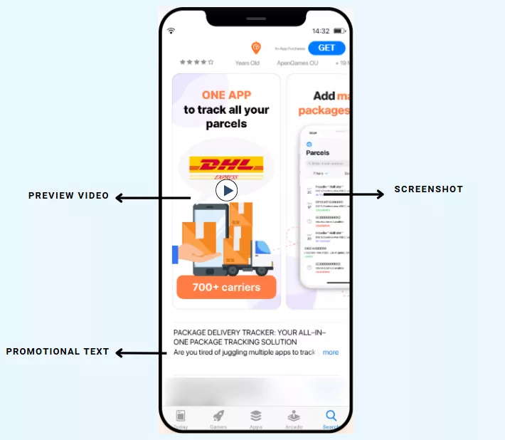 Custom Product Pages в Apple Ads представлені у вигляді спеціально налаштованих скриншотів, відео, текстів і локалізованого контенту, які показуються залежно від цільової аудиторії або ключових слів.&nbsp;
