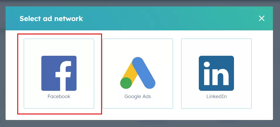 Далі обираю Facebook для інтеграції з рекламною системою Meta Ads.