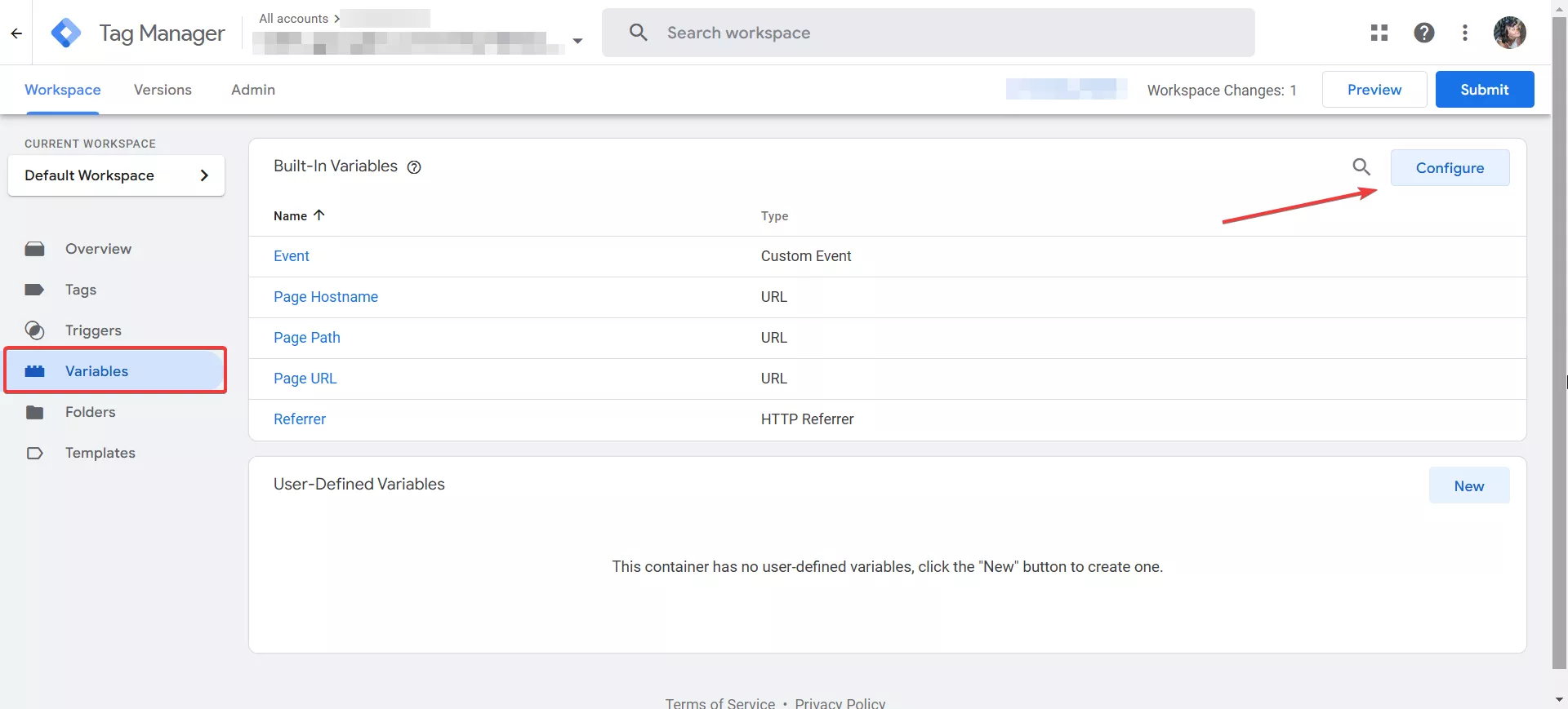 Для цього в розділі Variables натисніть Configure й оберіть Scroll Depth Threshold в групі змінних Scrolling.
