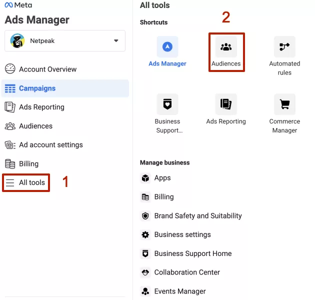 Для этого нужно открыть боковое меню Meta Ads Manager, выбрать «Все инструменты» и нажать на «Аудитории».