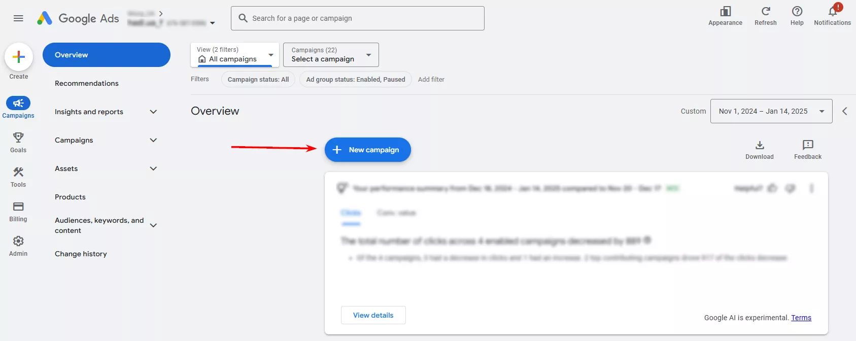 Для настройки рекламной кампании в кабинете Google Ads, войдите в свой аккаунт и нажмите &laquo;+ New campaign&raquo;.