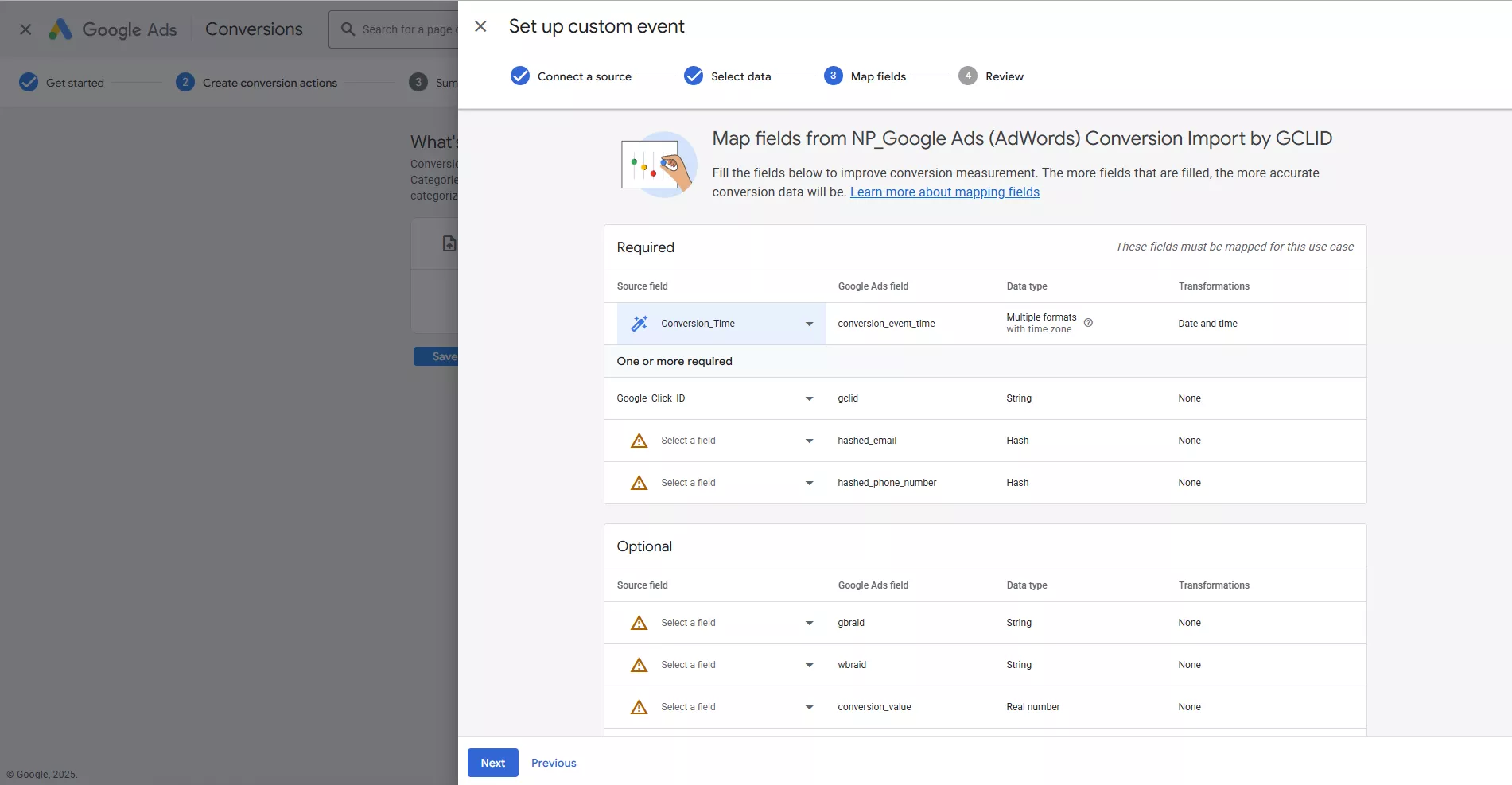 Додайте Google Sheets з хешованими даними та співставте поля з даними у Google Ads.