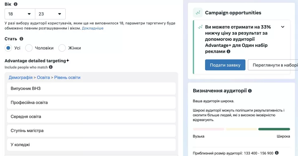 Приклад налаштування аудиторії на основі демографії