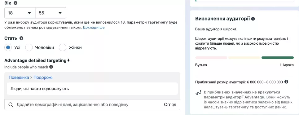 Приклад налаштування аудиторії за інтересами