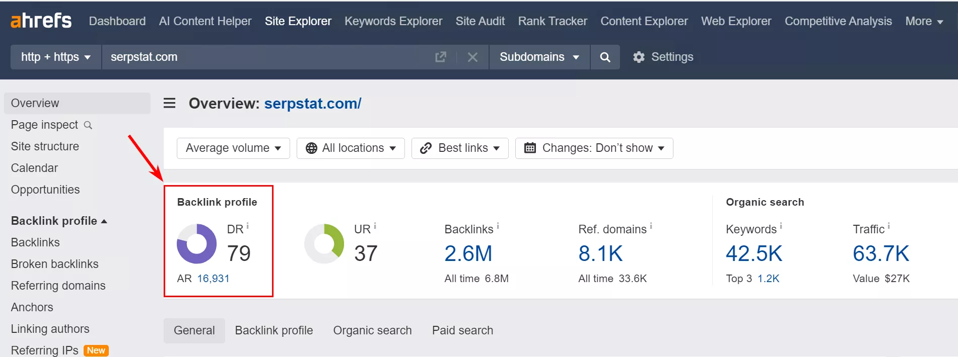 Отслеживание покащзателя Domain Rating в Ahrefs