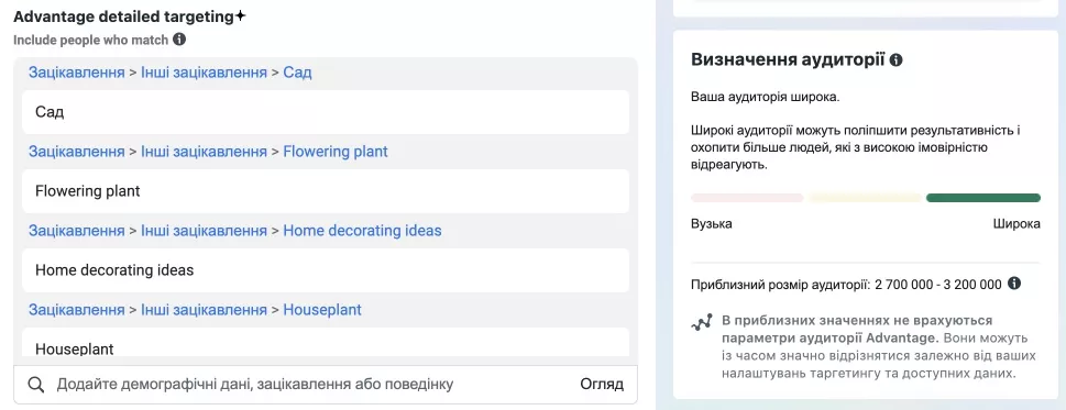 Приклад налаштування аудиторії за інтересами