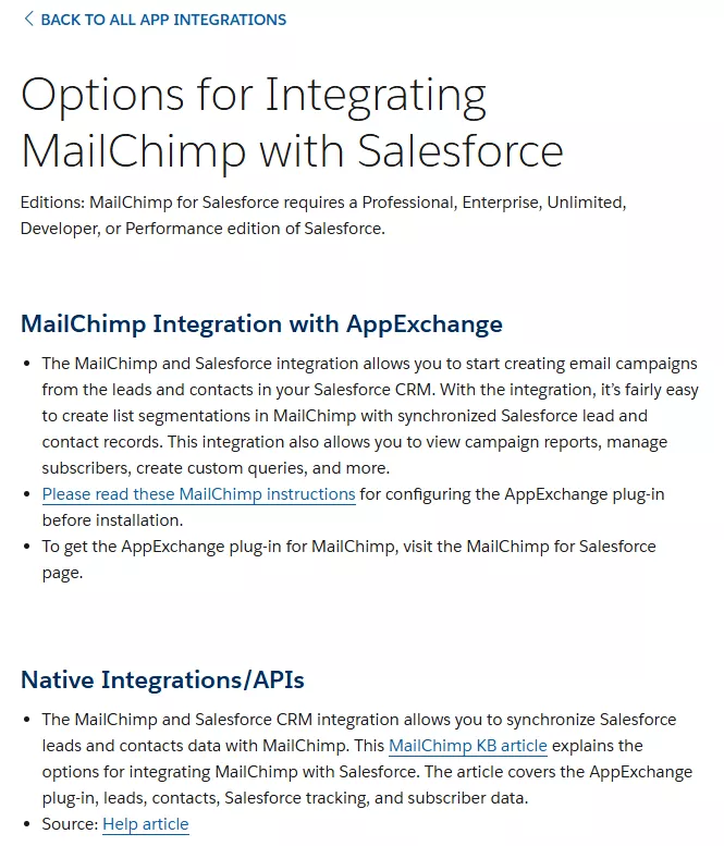 Интеграция Salesforce и MailChimp с соответствующей отсылкой на сайт партнера