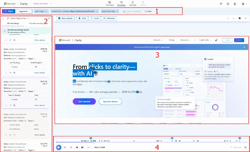 Session recording player mid-playback, showing the cursor trail, a click marker on the page, and the timeline scrubber at the bottom &mdash; used to illustrate the session recording interface, not a confirmed dead click