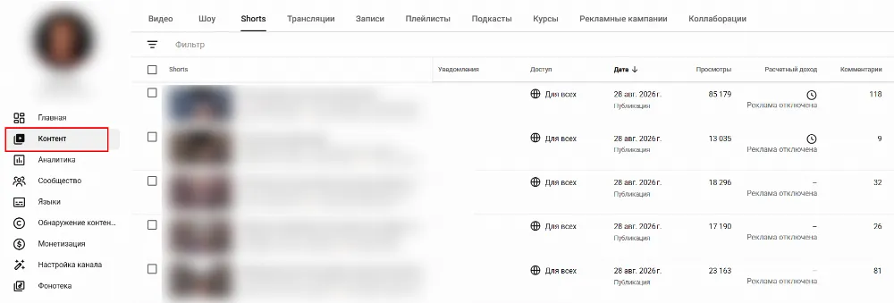 Количество комментариев, видимость и другие данные отображаются в панели &laquo;Контент&raquo;