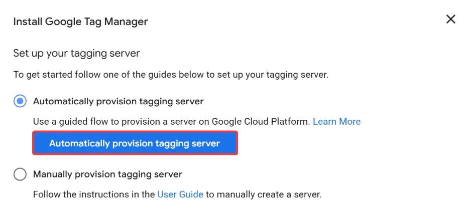 Натисніть «Automatically provision tagging server».