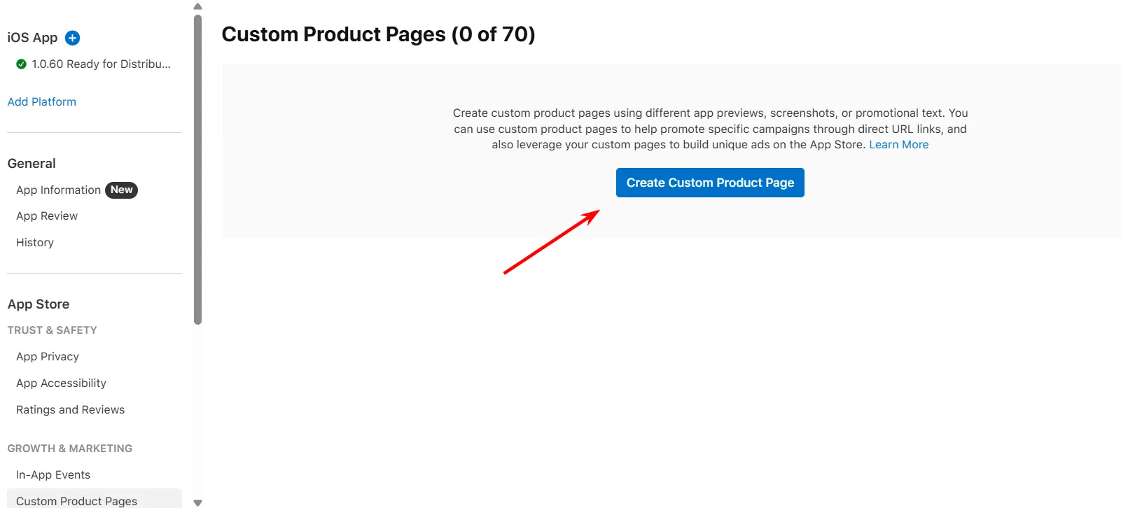 Натисніть кнопку Create Custom Product Page 070