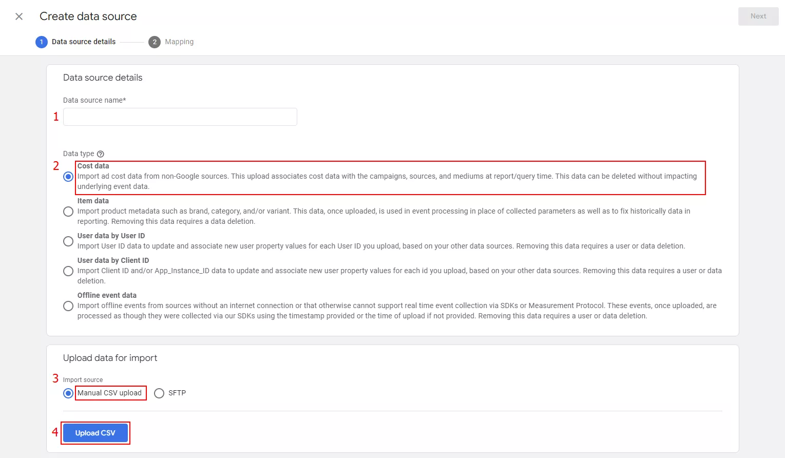 Нажмите на кнопку «Upload CSV»