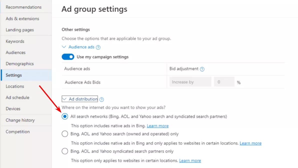 Основні пошукові системи (Bing, AOL та Yahoo) не можна відключити, тобто реклама автоматично показуватиметься на всіх цих платформах.