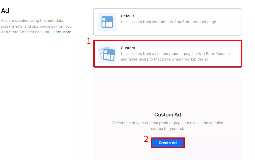 Перейдіть до підрозділу Ad &mdash; Custom Ad натисніть Create Ad, після цього з консолі підтягнуться всі доступні СРР.