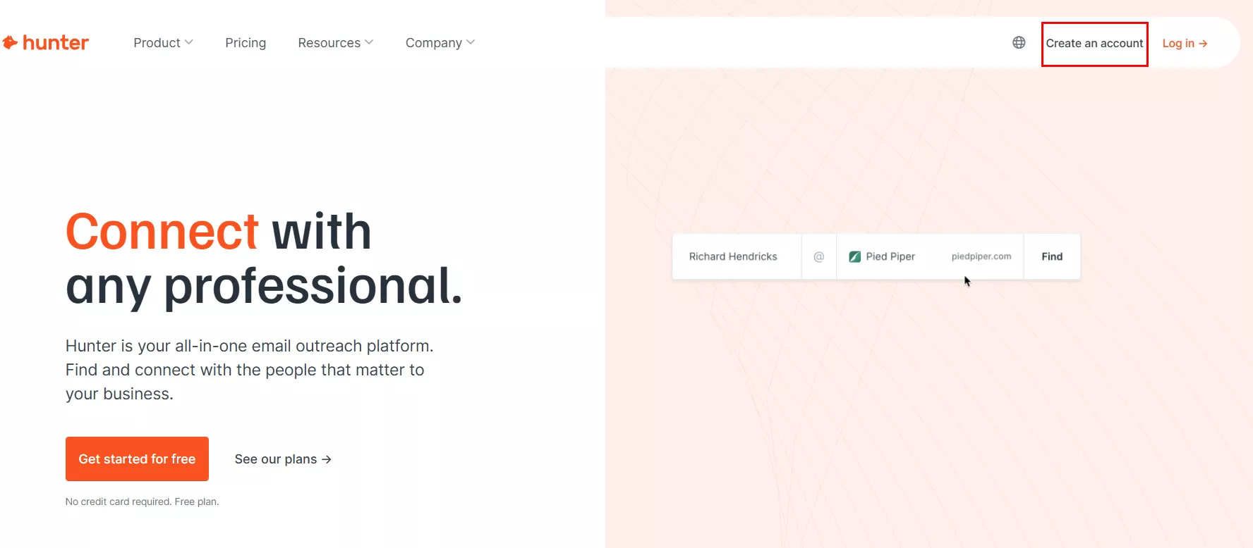 Перейдіть на сайт hunter.io і натисніть Creat an account.&nbsp;