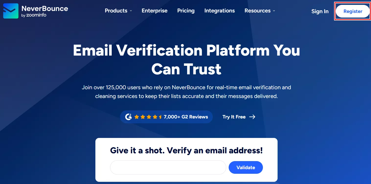 Перейдіть на сайт neverbounce.com і натисніть на Register.&nbsp;