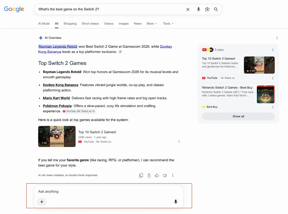 Після неї також з’являється поле «Ask anything», яке переводить користувача в AI Mode.