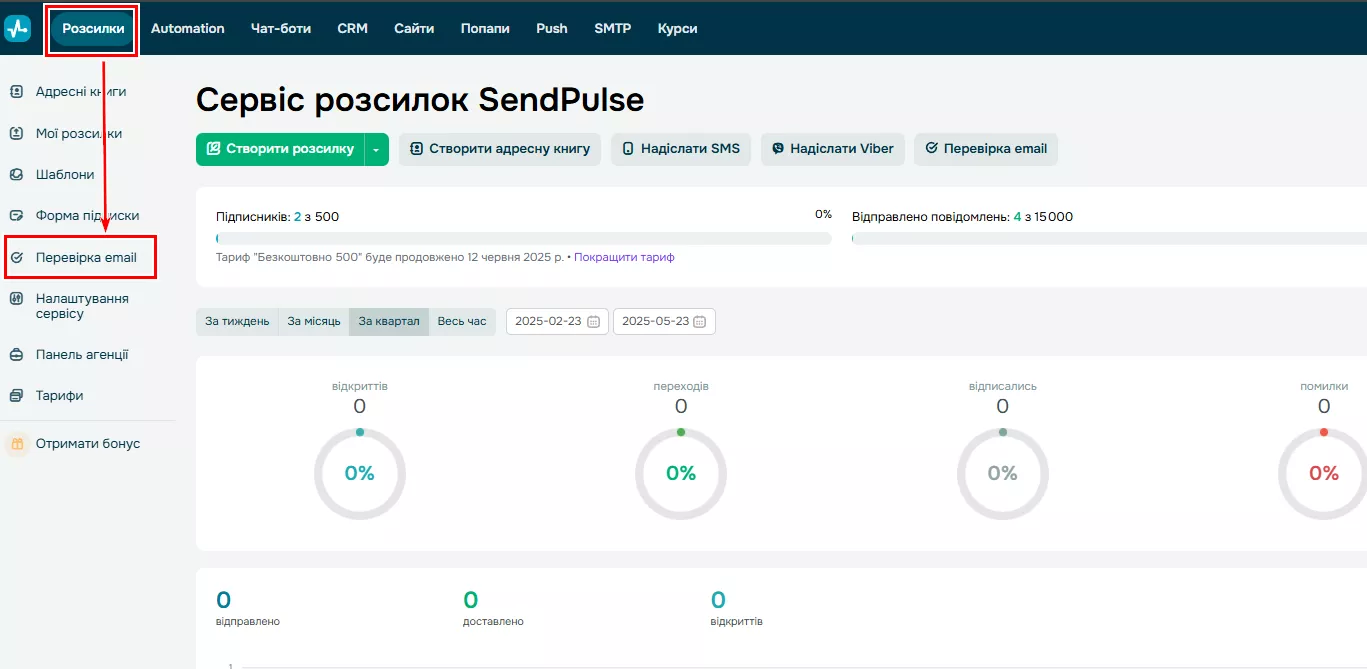 Після реєстрації відкриється Dashboard. Оберіть розділ &laquo;Розсилки &mdash; Перевірка email&raquo;.&nbsp;