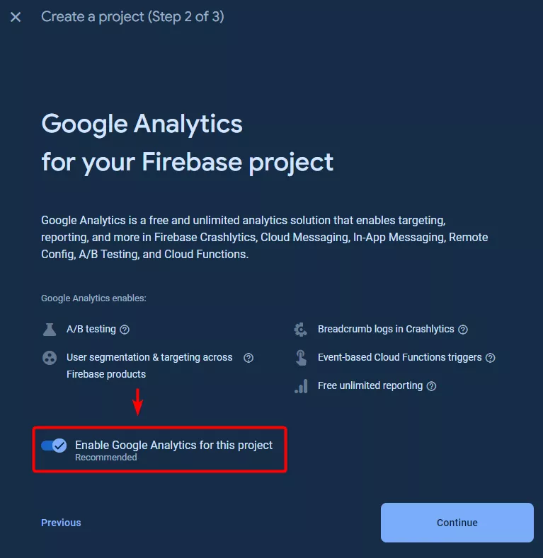 Проверьте, чтобы была активирована Google Analytics и нажмите «Далее» (Continue)