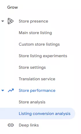 У Google Play дані про конверсію розташовані в розділі Grow &rarr; Store performance &rarr; Listing conversion analysis
