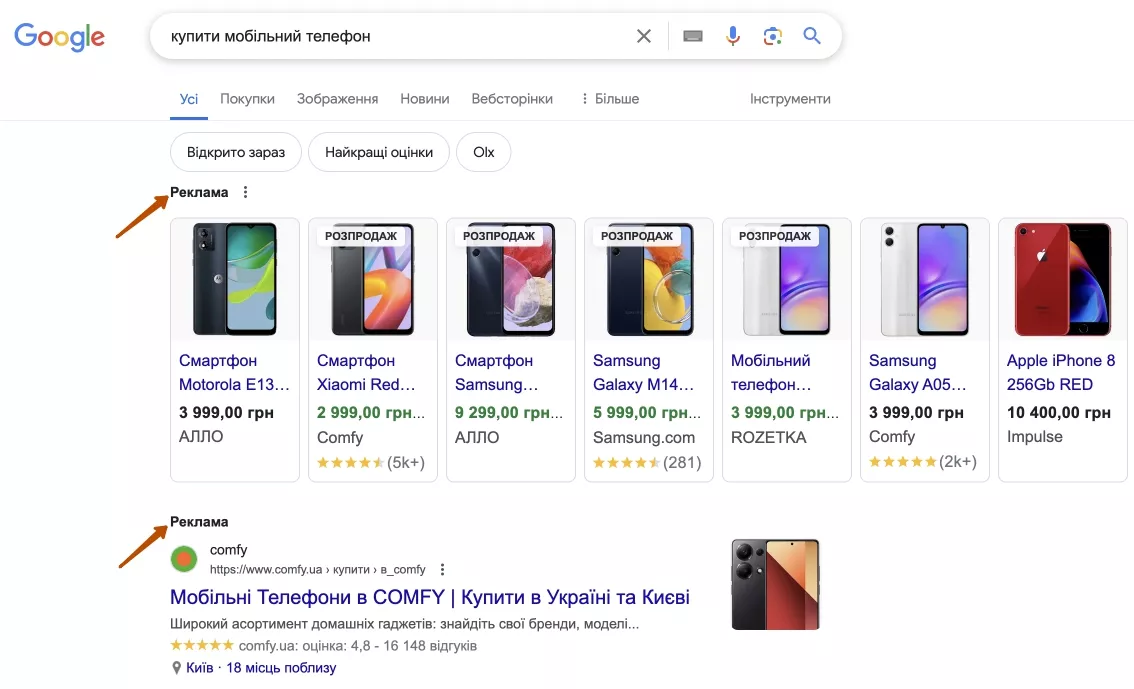 Пример контекстной рекламы в Google
