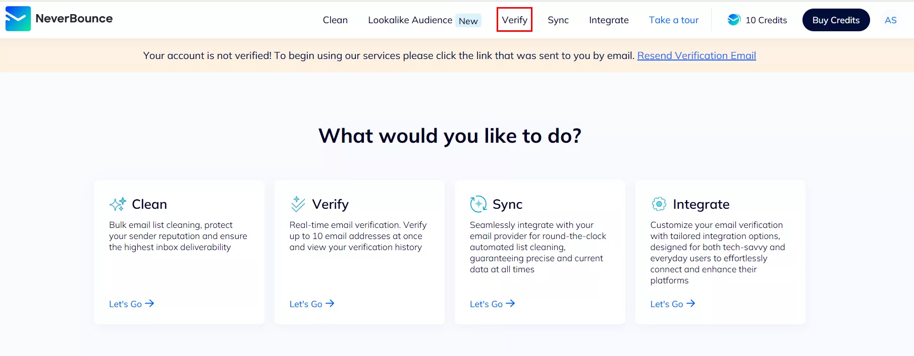 Щоб розпочати роботу, натисніть Buy Credits та оплатіть тариф. Щоб провести верифікацію, перейдіть в розділ Verify.&nbsp;