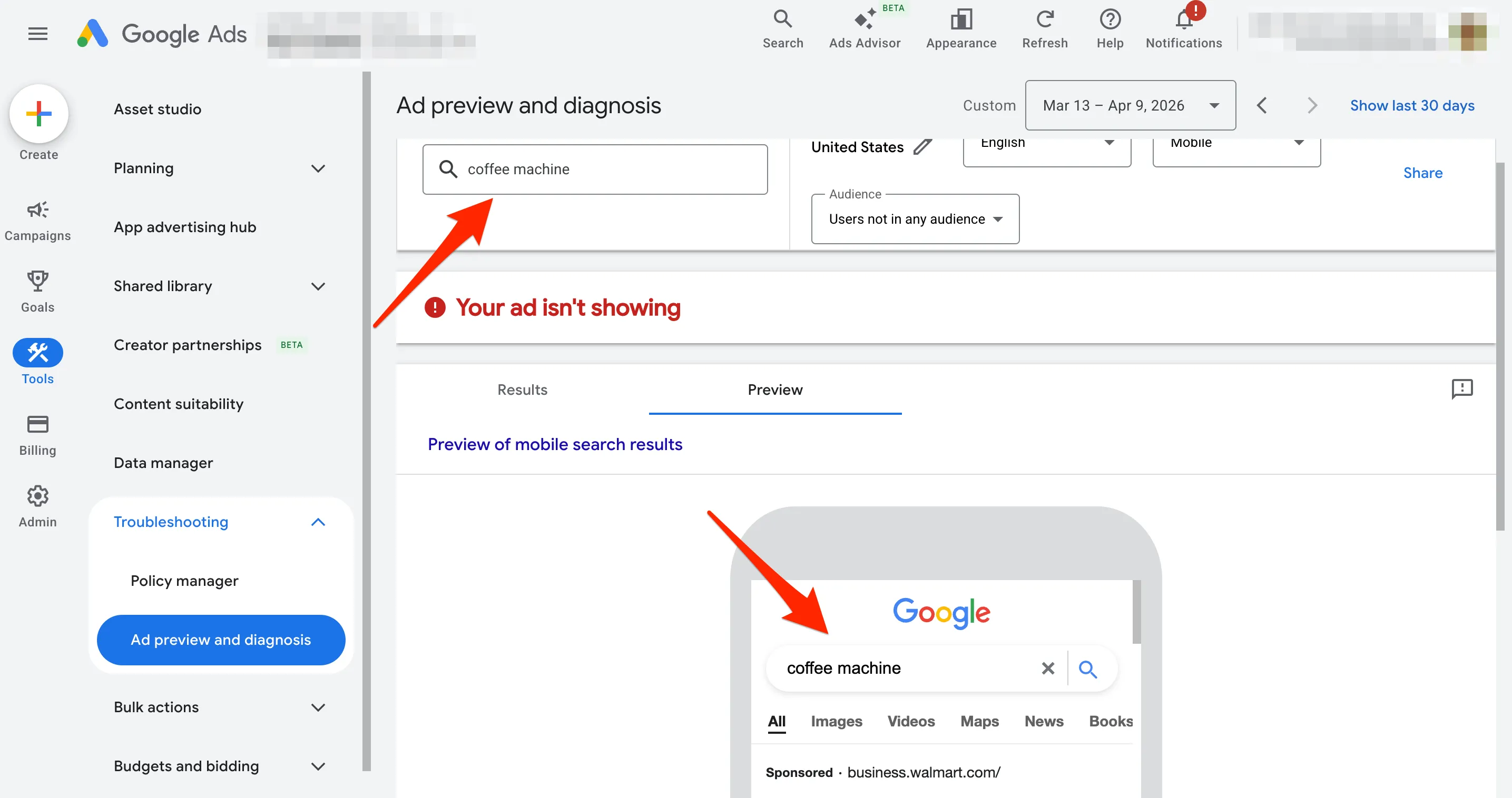 Щоби побачити прев&rsquo;ю оголошення, пройдіть шляхом Tools &mdash; Troubleshooting &mdash; Ad preview and diagnosis і введіть у текстовий рядок пошуковий запит.