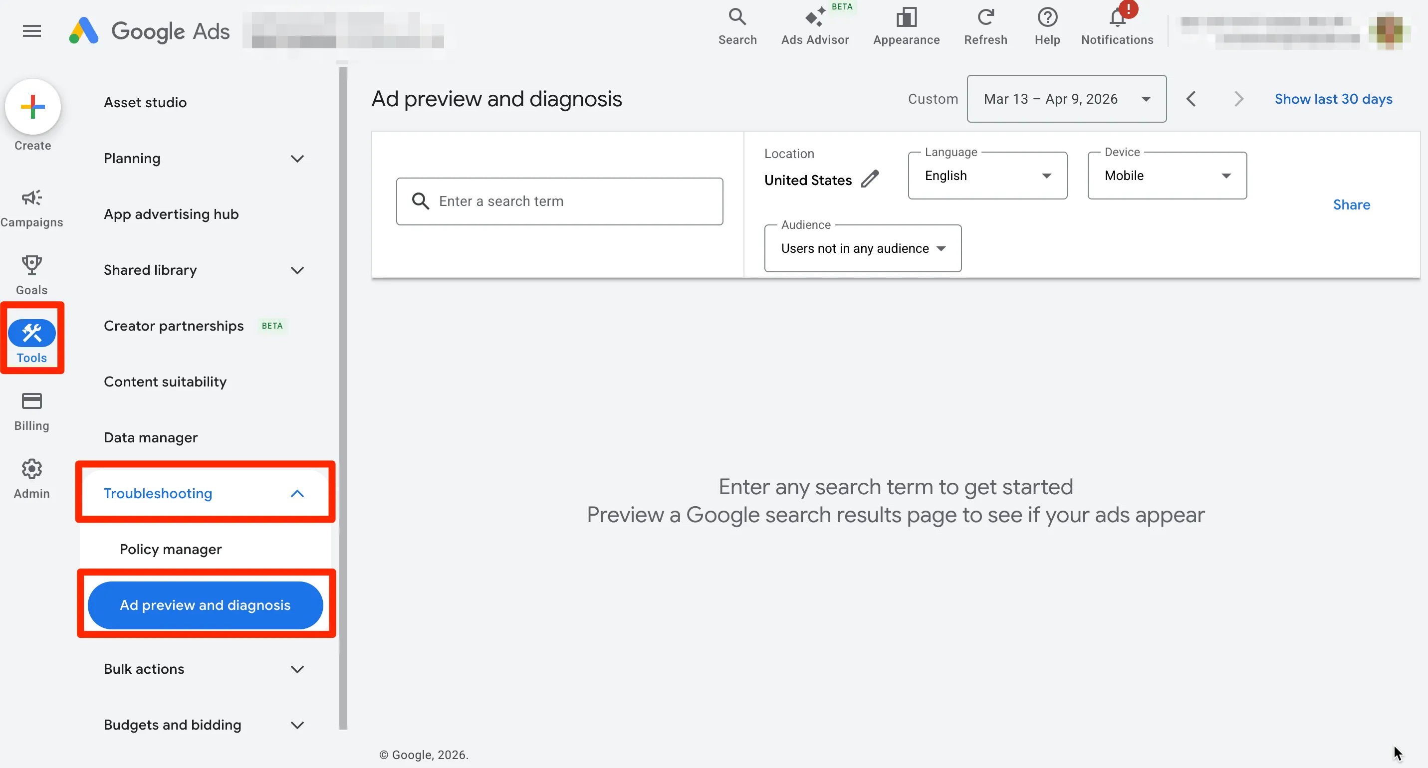 Щоби побачити прев&rsquo;ю оголошення, пройдіть шляхом Tools &mdash; Troubleshooting &mdash; Ad preview and diagnosis і введіть у текстовий рядок пошуковий запит.