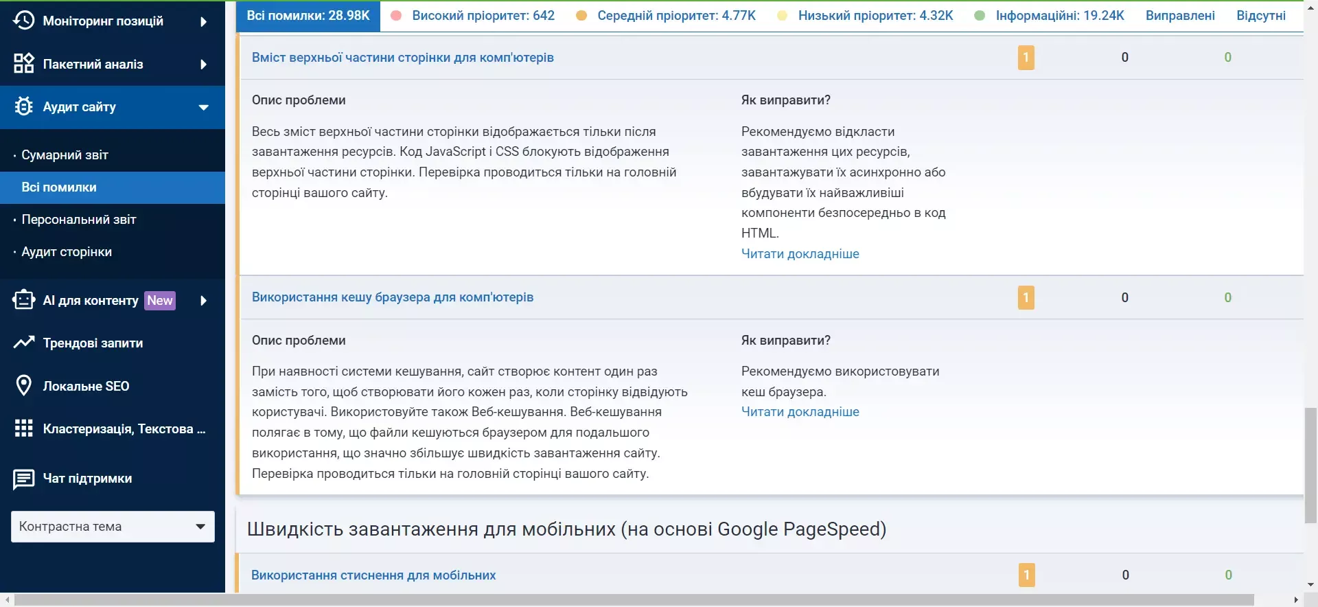 Також перевірка швидкості доступна в Аудиті сайту Serpstat.