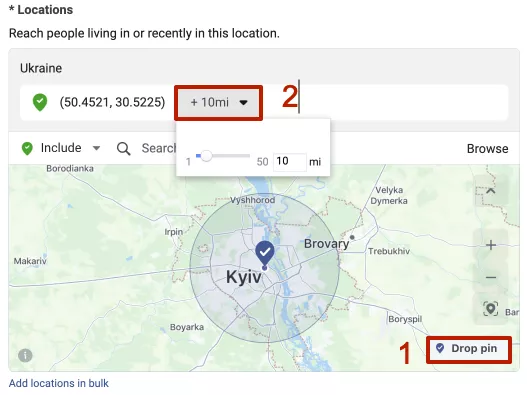 Также есть возможность поставить точку на карте, с помощью кнопки «Drop pin», и задать радиус расстояния от этой точки.