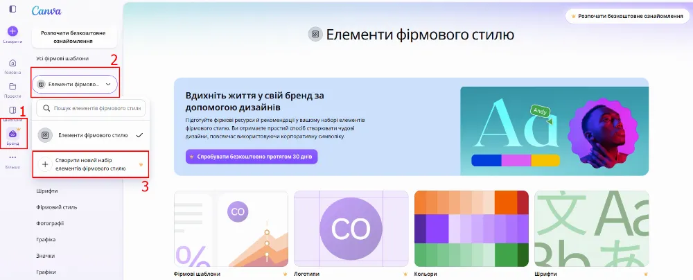 Це один із найнедооціненіших кроків: усі подальші AI-інструменти Canva &mdash; від Magic Design до Magic Switch &mdash; підтягують саме ці налаштування, і банер одразу виглядає нешаблонно.
