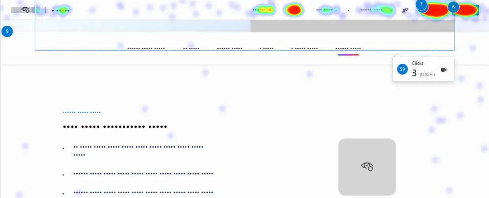 Сlose-up crop of the click heatmap from the public Clarity Live Demo, zoomed into the area with the highest click density (the hottest zone on the map) &mdash; no Clarity UI chrome, no labels. A tighter, more detailed view than the full-page heatmap shown earlier in the article; used purely to illustrate concentrated click activity, not to depict the conditional banner scenario described in the text.