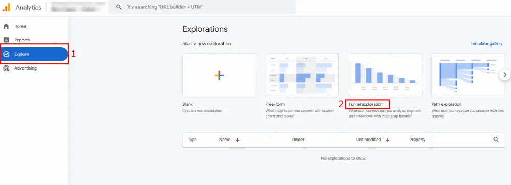 У лівому меню GA4 перейдіть у розділ Explore та виберіть шаблон Funnel exploration.
