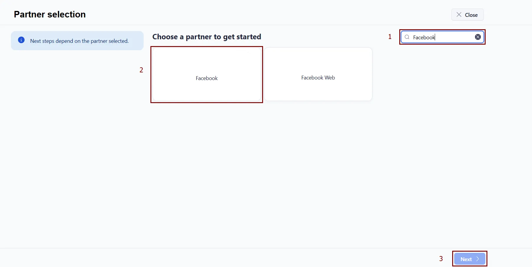 У вікні &laquo;Partner selection&raquo; оберіть Facebook і натисніть &laquo;Next&raquo;.
