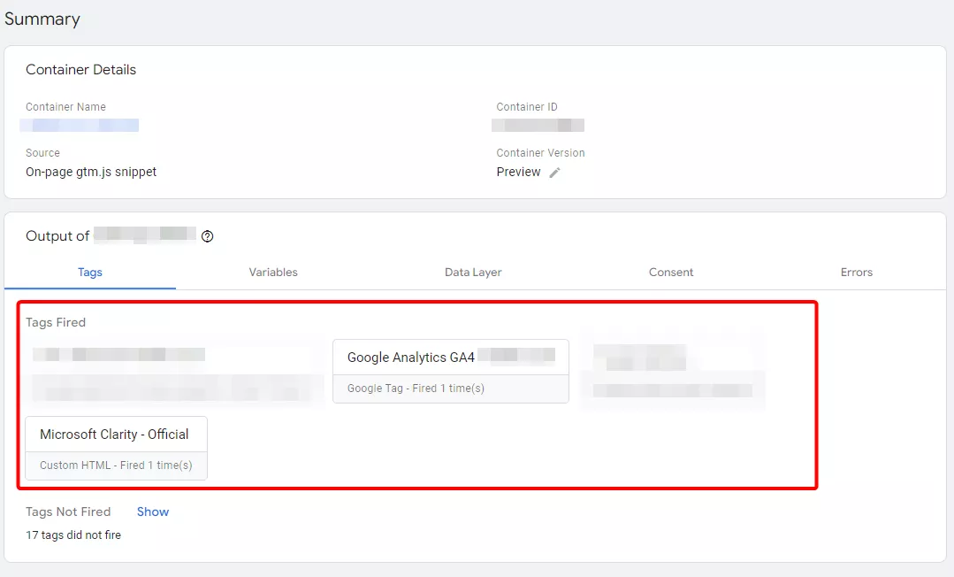 Убедитесь, что настроенный тег GA4 отображается среди сработавших тегов в Tag Assistant