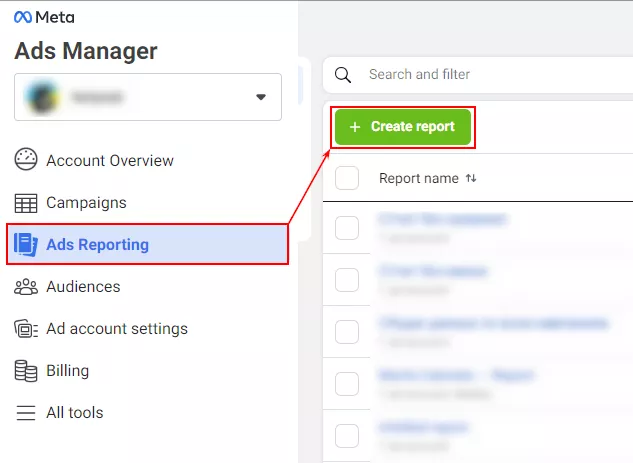 В кабинете Meta Ads в меню выберите раздел «Ads reporting». Создайте новый отчет.
