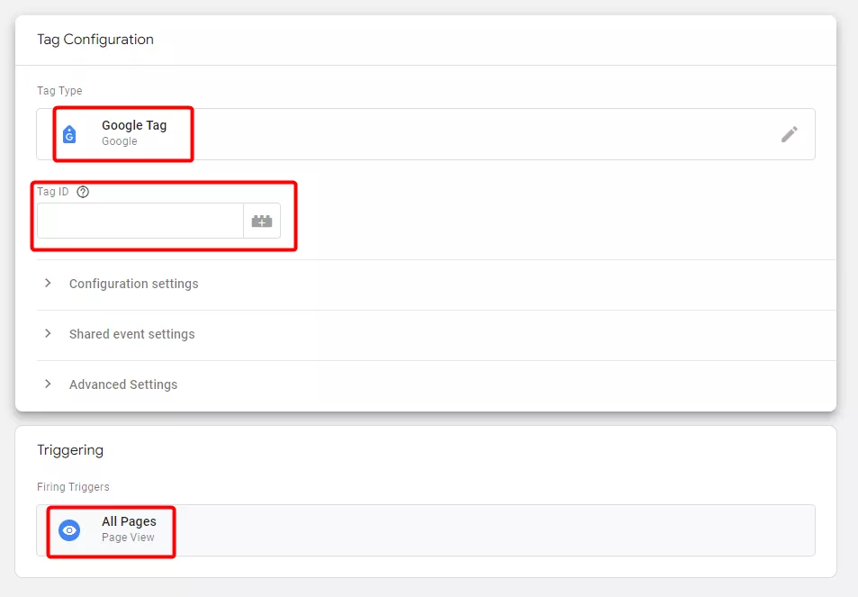 В конфигурации тега выберите тип «Google Tag», введите Tag ID потока данных из GA4 и установите срабатывание тега на всех страницах