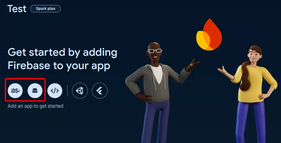 В консоли Firebase выберите созданный проект, чтобы добавить в него ваше мобильное приложение (iOS или Android):