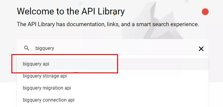 В открывшемся окне в поиске введите &laquo;bigquery api&raquo;