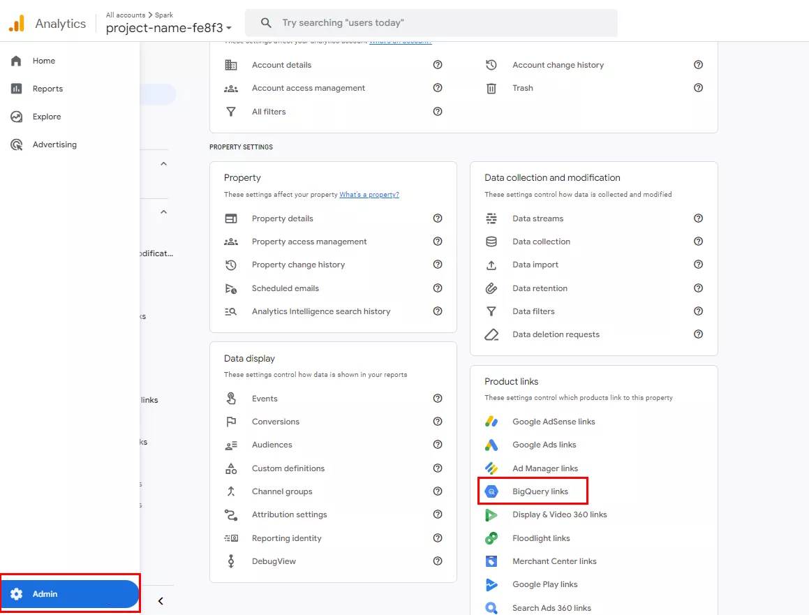 У розділі Product links виберіть BigQuery links.